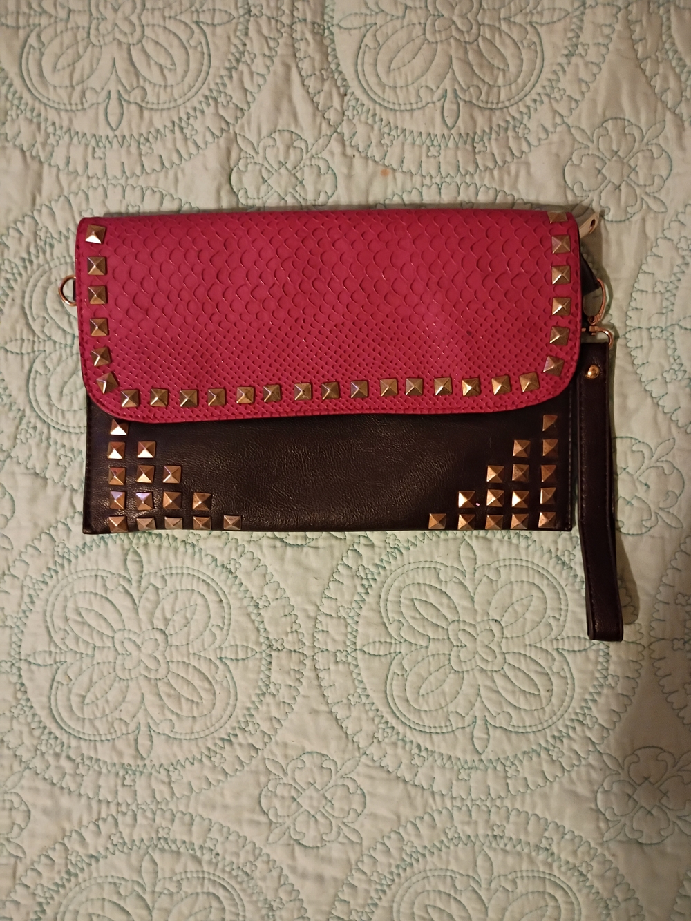Two-Tone Pink and Black Studded Wristlet Clutch